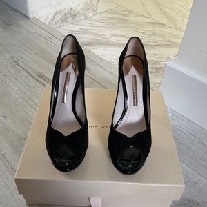 Sophia Webster black suede heels size 8.5 with gold heel detail